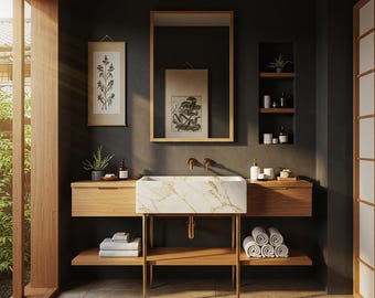 Floating Calacatta Gold Marble Sink with Solid Wood Base – Natural Stone Vanity for Elegant Modern Bathroom Spaces M9F77