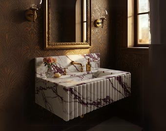 Fluted Calacatta Viola Marble Sink – Handcrafted Wall-Mount Vanity Basin for Luxury Interiors