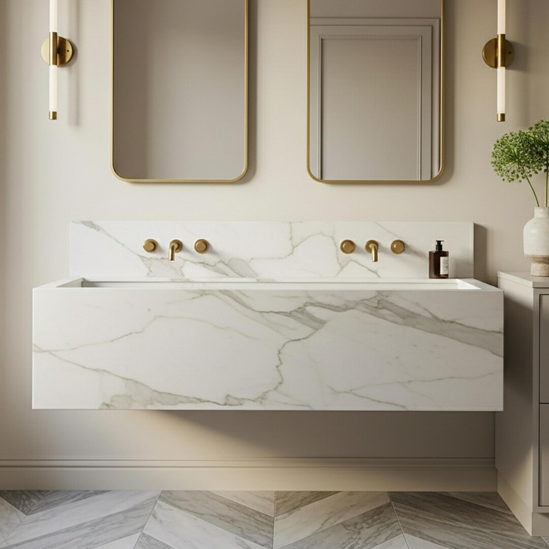 Bespoke Carrara Marble Vanity – Dual Basin Floating Sink With Brushed ...