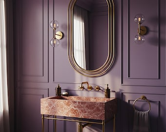 Pink Violet Marble Wall Mounted Vanity Sink with Solid Wood Shelf – Luxury Floating Stone Console for Modern Bathroom Décor M9M78