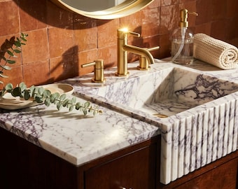 Marble Pedestal Sink | Handmade Calacatta Viola Bathroom Sink with Wood Vanity and Hand Carved Detail, Classic Italian Stone Feel