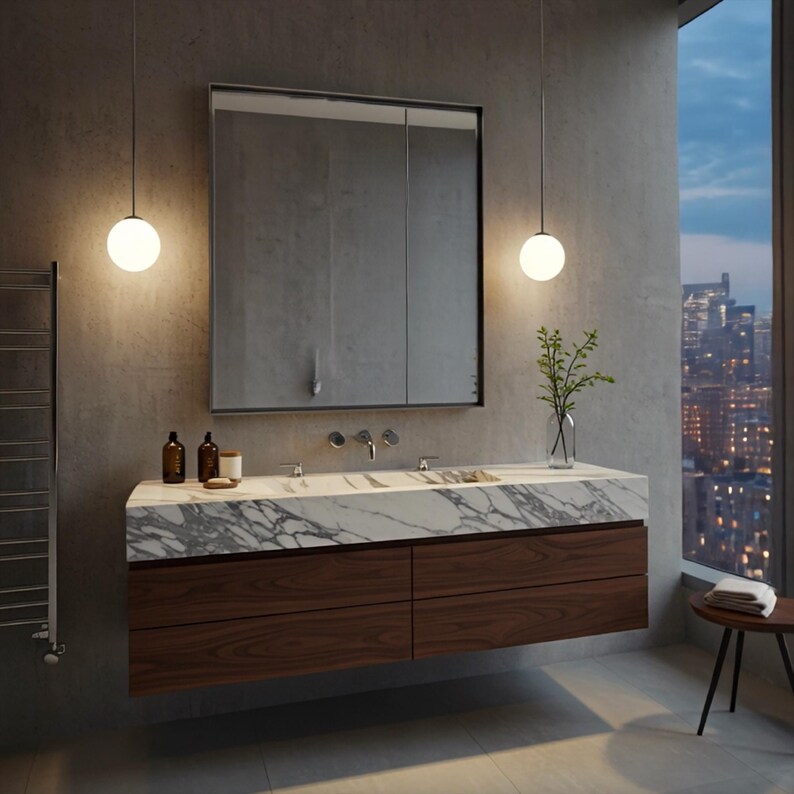 Carrara Marble Floating Sink With Walnut Vanity – Long Single Basin ...