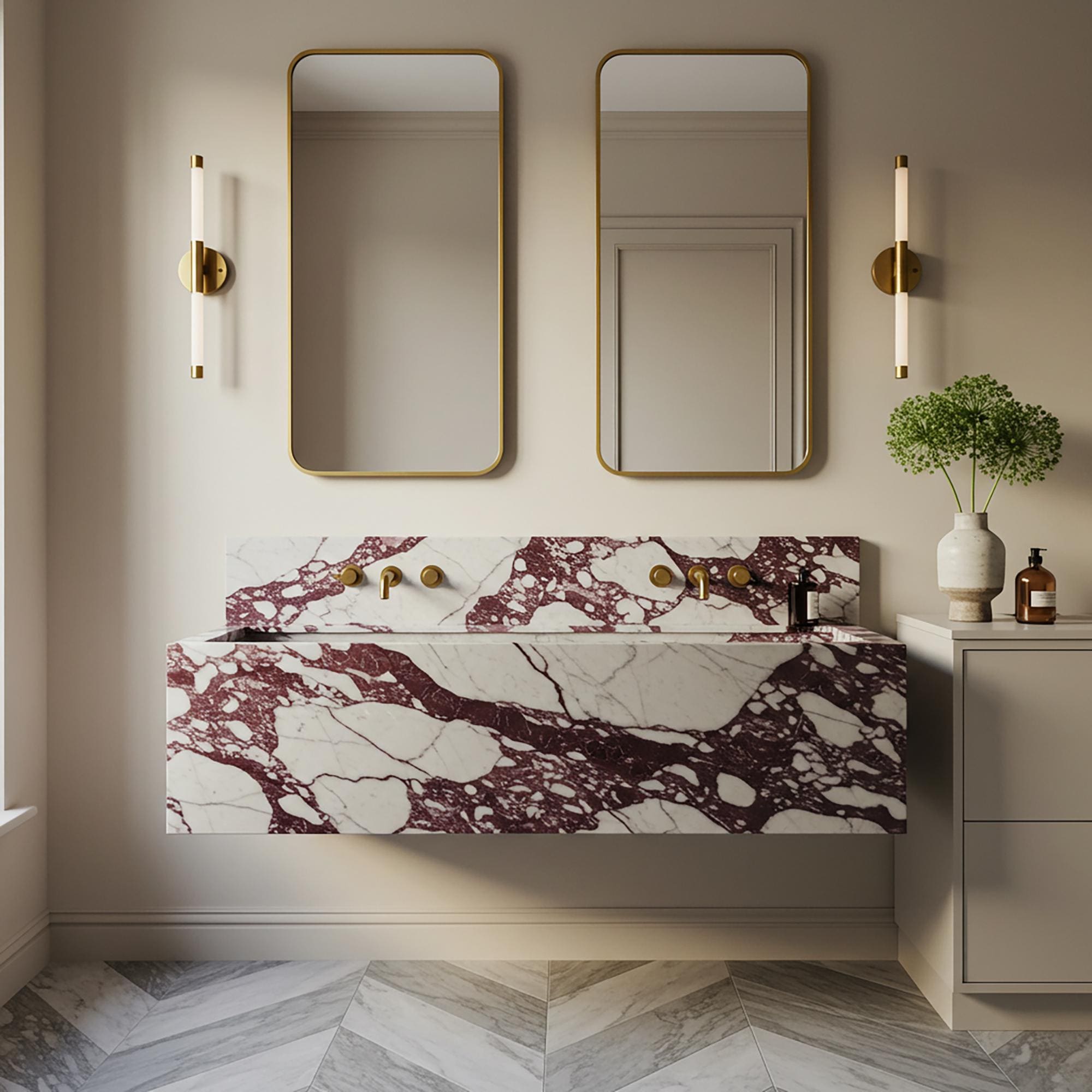Bespoke Calacatta Viola Marble Vanity – Dual Basin Floating Sink with Brushed Gold Fixtures | Artisan Luxury Bathroom Feature