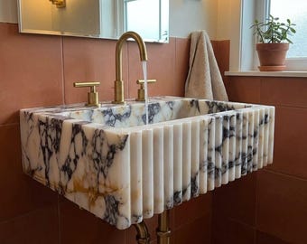 Calacatta Viola Fluted Wall Mounted Marble Sink with Hand Carved Detail, Italian Inspired Stone Console