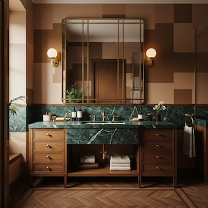 Green Marble Wall Mounted Vanity Sink with Wooden Shelf – Custom Floating Natural Stone Console for Contemporary Bathroom Interiors M9F53