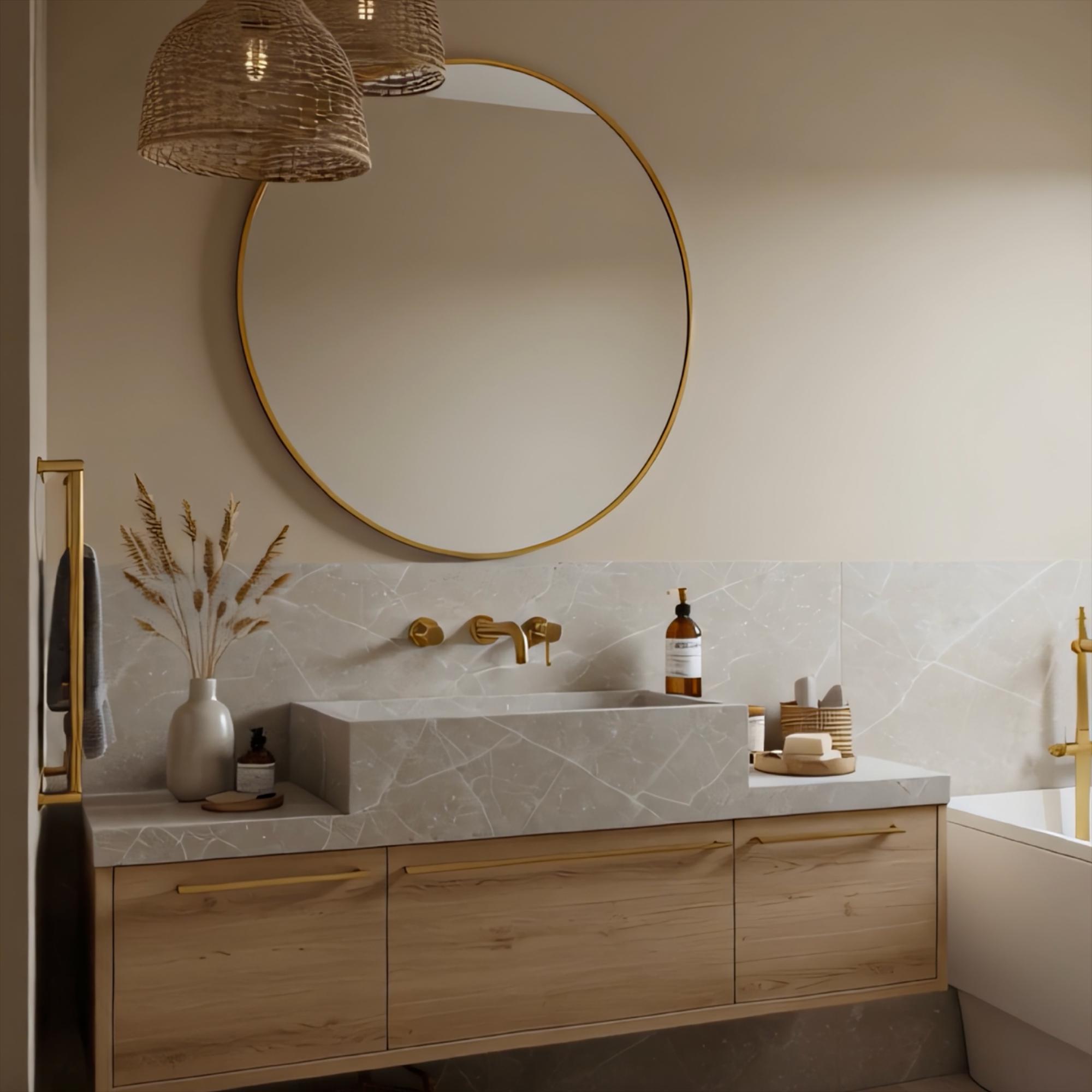 Modern Grey Marble Bathroom Sink | Floating Vanity With Oak Cabinet ...