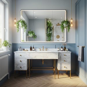 Floating Carrara Marble Sink with Drawer Wooden Base – Elegant Natural Stone Vanity Console for Modern Bathroom Interior Design M9F61