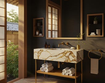 Wall Mounted Calacatta Gold Marble Vanity Sink with Wooden Base – Custom Floating Natural Stone Console for Modern Bathroom Spaces M9M52