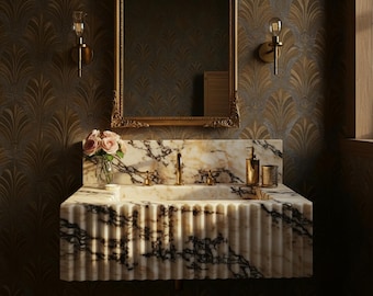Fluted Calacatta Viola Marble Sink Vanity – Wall Mounted Floating Bathroom Sink with Gold Faucet – Luxury Marble Sink for Powder Room M9S002