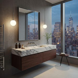 Carrara Marble Floating Sink with Walnut Vanity – Long Single Basin Natural Stone Console for Modern Bathroom or Luxury Powder Room M9F004