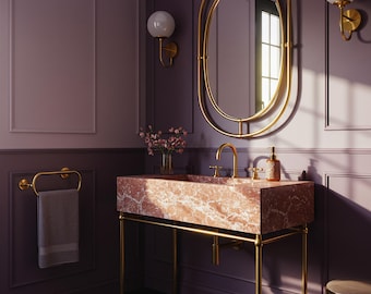 Wall Mounted Pink Violet Marble Vanity Sink with Wooden Base – Floating Natural Stone Console for Elegant Bathroom Interiors M9M55