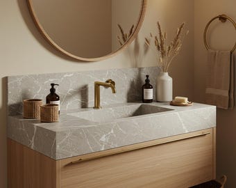Modern Beige Marble Sink with Sleek Stone Basin | Wall-Mounted Vanity with Wooden Cabinet and Brass Faucet | Elegant Bathroom Design M9F011