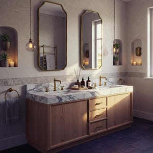 Double Sink Vanity, White Marble Top & Wooden Cabinet, Custom Stone Sink for Luxury Bathroom Decor M9F22