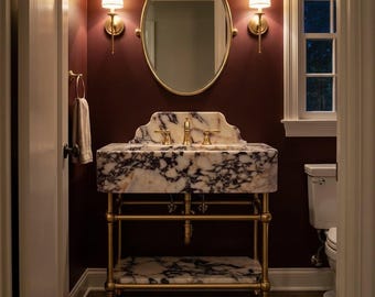 Backsplash Sink | Calacatta Viola Polished Wall Mounted Marble Sink with Backsplash and Metal Legs for Custom Bathroom Vanity