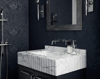 Fluted Carrara Marble Sink – White Marble Sink Basin with Vanity Top Sink Design, Custom Natural Stone Sink for Bathroom Vanities M9S36