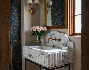 Calacatta Marble Sink | Fluted Wall Mount Bathroom Sink | Custom Marble Basin | Modern Stone Vanity Sink | Powder Room Sink