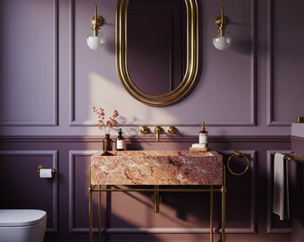 Pink Violet Marble Wall Mounted Vanity Sink with Wooden Base – Floating Natural Stone Console for Sophisticated Bathroom Style