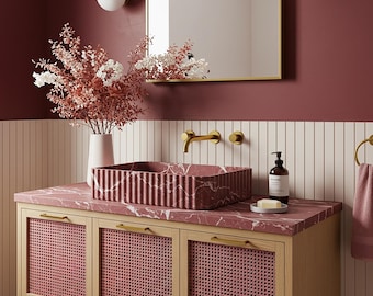Fluted Red Marble Sink, Stone Vessel on Wooden Vanity with Rattan Cabinet, Custom Marble Top for Bathroom, Powder Room Home Decor M9F45
