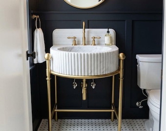 Carrara Polished Fluted Marble Pedestal Sink with Backsplash and Metal Legs for Custom Bathroom Vanity