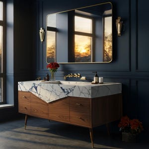 Art Deco Grey Viola Marble Vanity, Geometric Stone Sink on a Wooden Console, Custom Bathroom Furniture for Luxury Interior Design M9F64