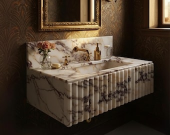 Fluted Calacatta Amber Viola Marble Sink – Handcrafted Wall-Mount Vanity Basin for Luxury Interiors M9S007