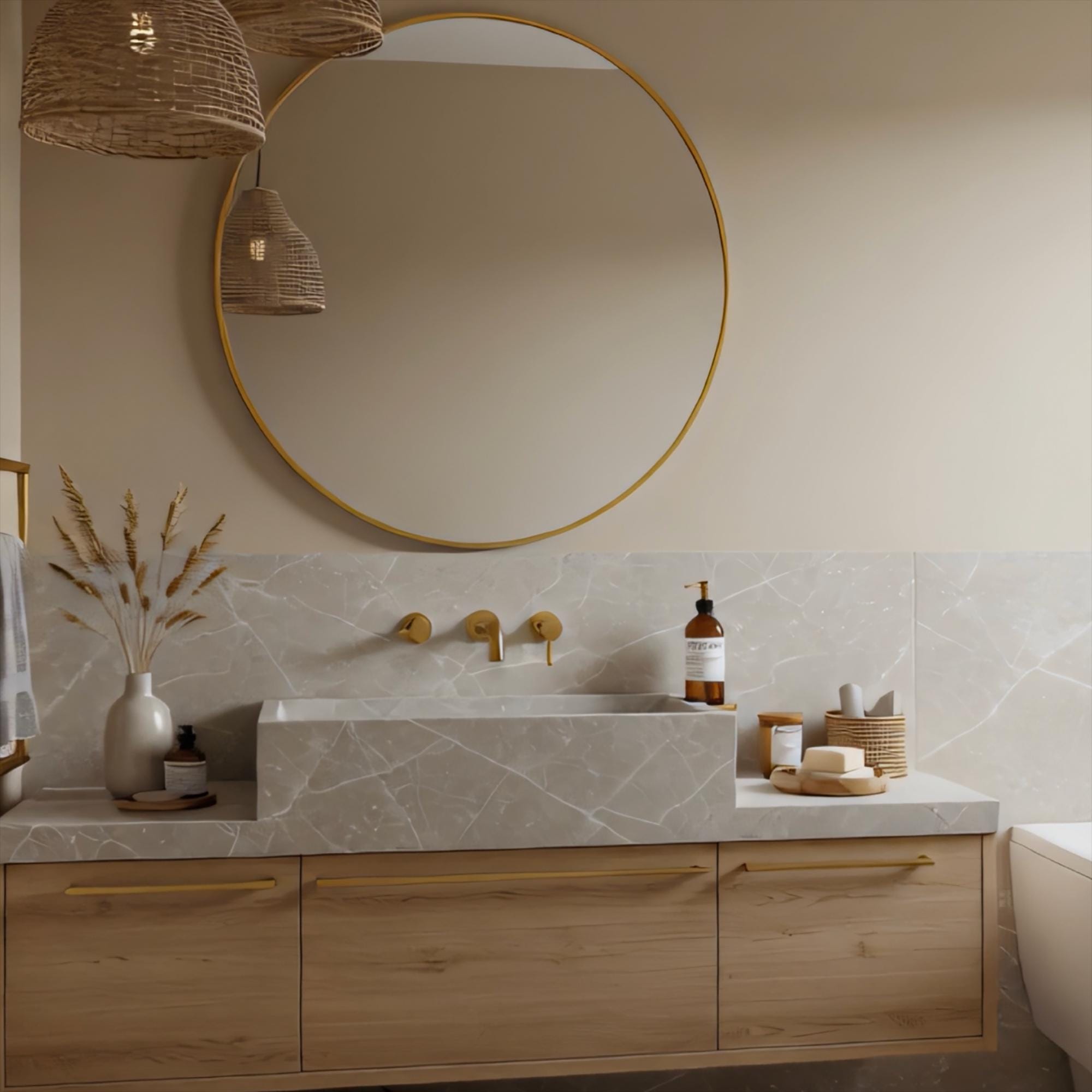 Modern Grey Marble Bathroom Sink | Floating Vanity With Oak Cabinet ...