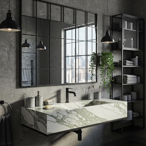 Elegant Carrara Marble Sink | Floating Vanity with Integrated Basin and Matte Black Hardware | Modern Luxury Bathroom Design M9S016