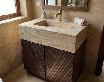 Custom Marble Vanity | Travertine Hand Carved Marble Vanity Sink with Wood Vanity, Italian Inspired Stone Console