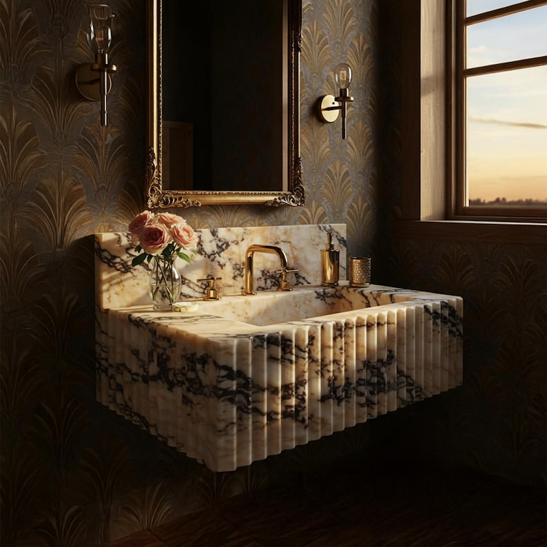 K&ouml;nnte beinhalten: Ein luxuri&ouml;ses Waschbecken aus Marmor mit goldenen Armaturen, einem Spiegel und Wandleuchten. Das Waschbecken hat ein geriffeltes Design und ist mit einem goldenen Wasserhahn, einem Seifenspender und einer kleinen Vase mit rosa Rosen ausgestattet. Das Badezimmer hat eine gemusterte Tapete und ein Fenster.