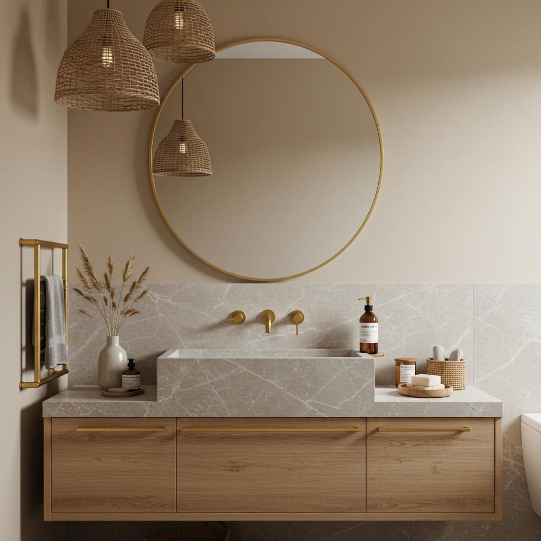 Modern Grey Marble Bathroom Sink | Floating Vanity With Oak Cabinet ...