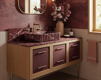 Art Deco Red Marble Vanity, Fluted Stone Vessel Sink on a Custom Wooden Console, A Masterpiece for Luxury Bathroom Interior Design M9F43