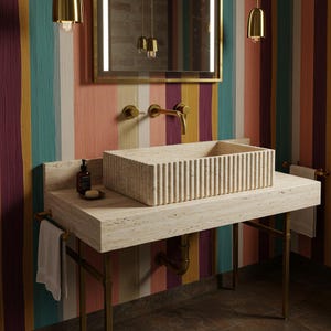 Fluted Rectangular Travertine Sink with Metal Legs | Modern Floating Vanity with Integrated Basin | Elegant Natural Stone Bathroom Fixture