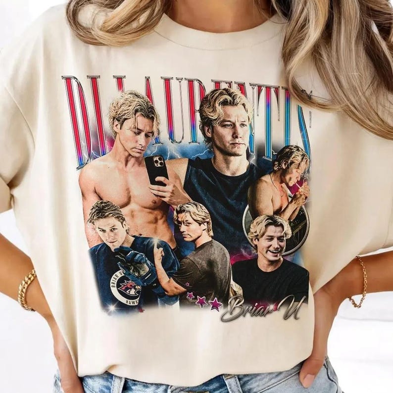 Pode incluir: Camiseta creme com uma colagem de imagens de um homem, com o texto "D. LAURENTIS" em uma fonte retr&ocirc;. O design inclui estrelas e o nome "Briar W".