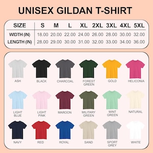Pode incluir: Imagem de camisetas unissex Gildan em v&aacute;rias cores, incluindo cinza, preto, carv&atilde;o, verde floresta, dourado e helic&ocirc;nia. Uma tabela de tamanhos mostra medidas em polegadas para largura e comprimento, de S a 5XL. O texto 'UNISEX GILDAN T-SHIRT' &eacute; vis&iacute;vel.