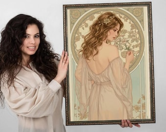 Mucha Style Woman with Flowers – Art Nouveau Vintage Wall Art | Feminine Aesthetic Printable Poster | Soft Romantic Home Decor
