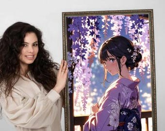 Wisteria Serenity – Arte mural de mujer con kimono japonés | Elegante decoración japonesa imprimible para el hogar | Póster de estética zen de Sakura