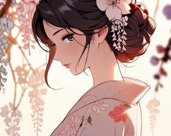 Belleza de Sakura y Glicina – Mujer con Kimono Japonés, Arte Mural Japonés Imprimible