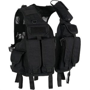 May include: Black tactical vest with multiple pouches, straps, and a mesh back panel. The vest has adjustable straps and a front zipper closure. It is designed for carrying gear and equipment.