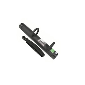 May include: A black cylindrical tool with two loop handles and a black strap. The tool has a label with text and a green sticker. The strap is attached to the tool.