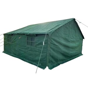 May include: A green canvas tent with a rectangular shape and a pitched roof. The tent has several small windows and is supported by ropes and stakes. Ideal for camping and outdoor activities.