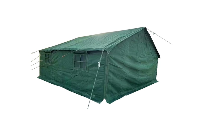 May include: A green canvas tent with a rectangular shape and a pitched roof. The tent has several small windows and is supported by ropes and stakes. Ideal for camping and outdoor activities.