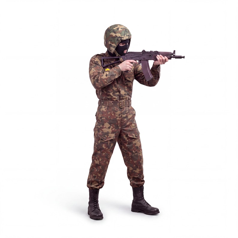 May include: A soldier wearing a brown and green camouflage uniform, a matching camouflage helmet, and a black balaclava. The soldier is holding a dark brown and black rifle with both hands and wearing black lace-up combat boots on their feet.