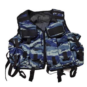 May include: A tactical vest in a blue camouflage pattern. The vest features multiple pockets, black straps, and a mesh panel at the upper back. The design includes a front zipper and adjustable straps for a secure fit.