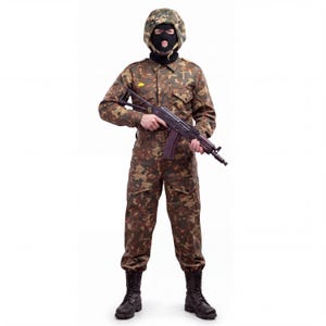 May include: A camouflage uniform consisting of a long-sleeved button-up shirt and matching trousers, paired with a camouflage helmet, a black balaclava, and black combat boots. A dark-colored rifle is held across the chest area.