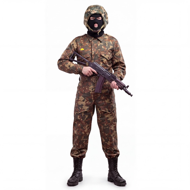 May include: A camouflage uniform consisting of a long-sleeved button-up shirt and matching trousers, paired with a camouflage helmet, a black balaclava, and black combat boots. A dark-colored rifle is held across the chest area.