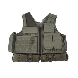 May include: Olive green tactical vest with multiple pockets, pouches, and a mesh back. Features a front zipper closure and adjustable belt with metal buckles. The vest is designed for utility and protection.