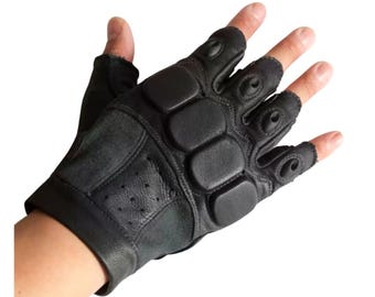 Black Leather Half-Finger Tactical Gloves, Flame-Retardant Shooting Airsoft Gear