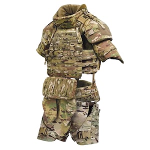 May include: A camouflage-patterned tactical vest with attached shoulder and groin protection. The vest features multiple pouches, straps, and a padded collar. The color scheme includes shades of brown, green, and tan, designed for concealment in various environments.