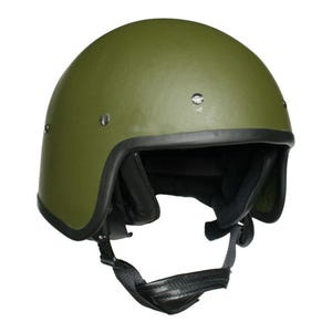 May include: Olive green military-style helmet with a black trim and chin strap. The helmet has a rounded shape and is designed for protection. The interior features black padding for comfort and fit. The chin strap is made of a durable, woven material.