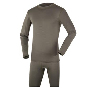 Peut inclure: Ensemble de sous-vêtements thermiques vert olive. Le haut à manches longues a un col rond et une texture côtelée. Le bas assorti est également vert olive. Cet ensemble est conçu pour la chaleur et le confort.